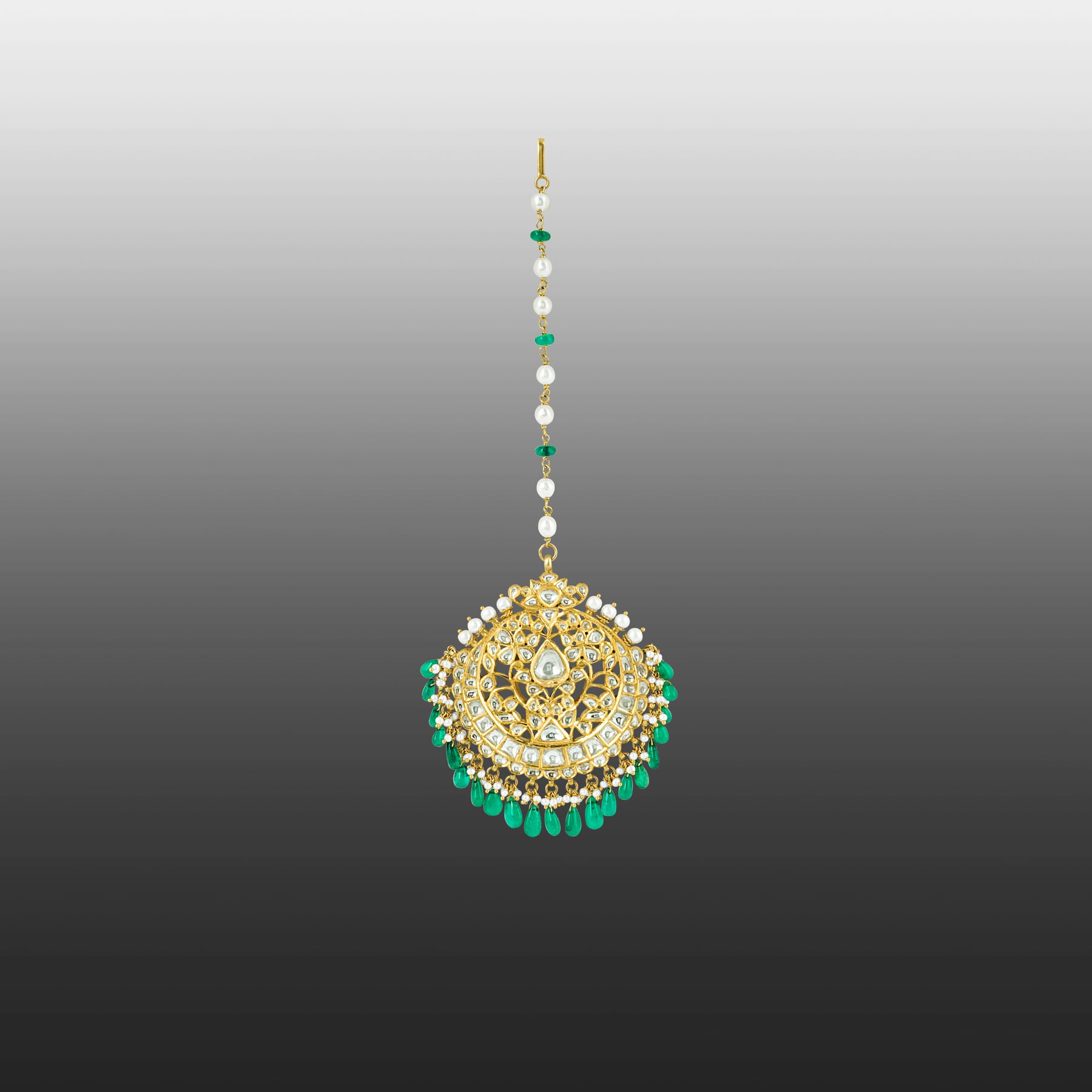 Polki Gold Tikka with Emerald Drops and Pearls